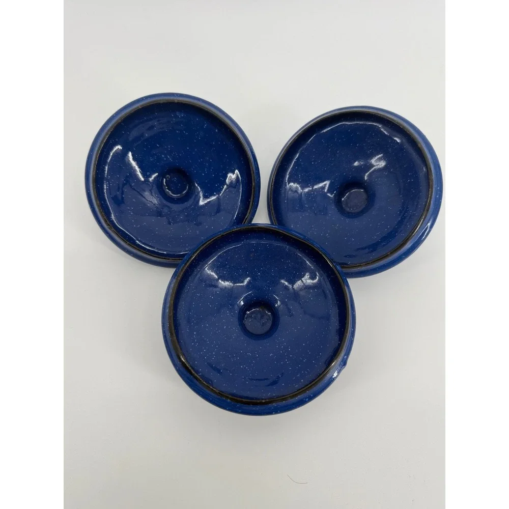 Vintage Speckled Enamelware Pot Lids Set 3.75in Enamel Cobalt Blue Splatterware